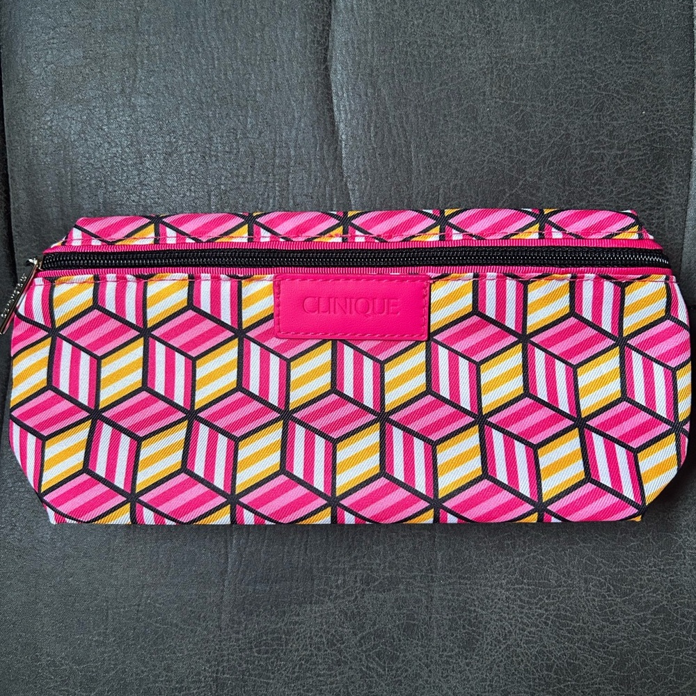 NEW Clinique Pink and Yellow Geometric Cosmetic Bag Orange
